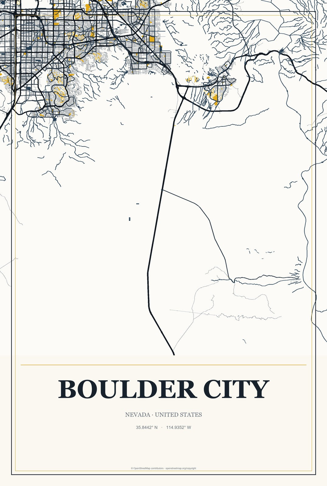 Boulder City, Nevada City Map Aluminum Sign in Citrine Modern style