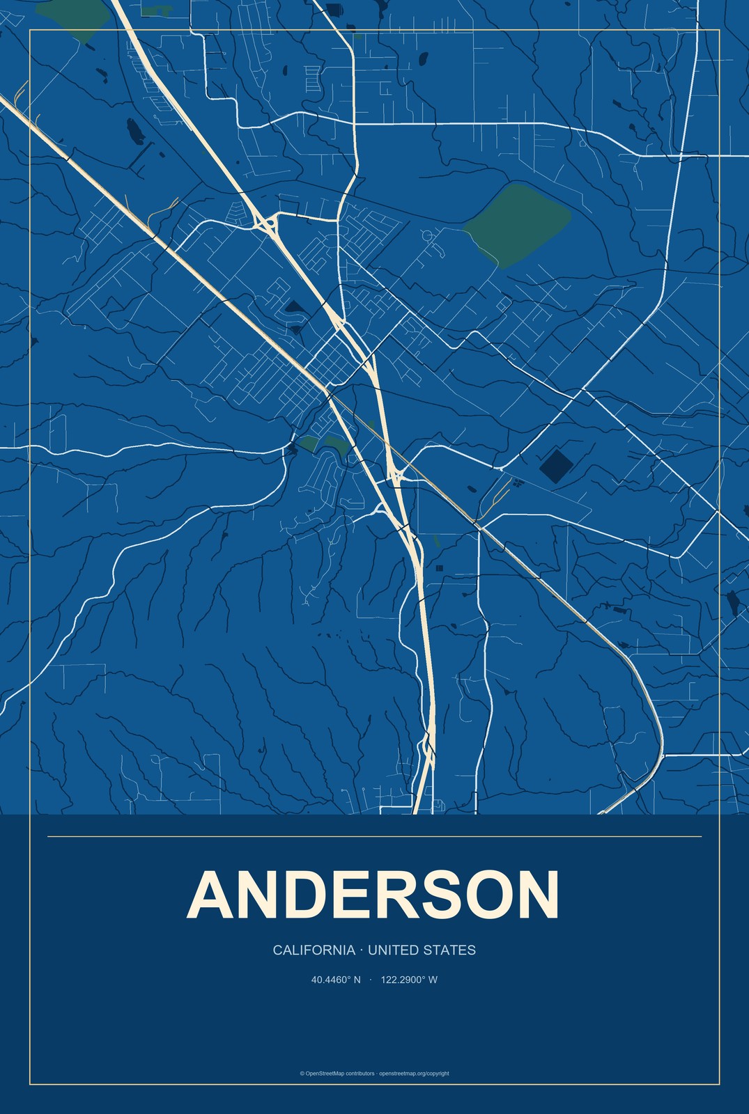 Anderson, California City Map Aluminum Sign in Harbor Cobalt style