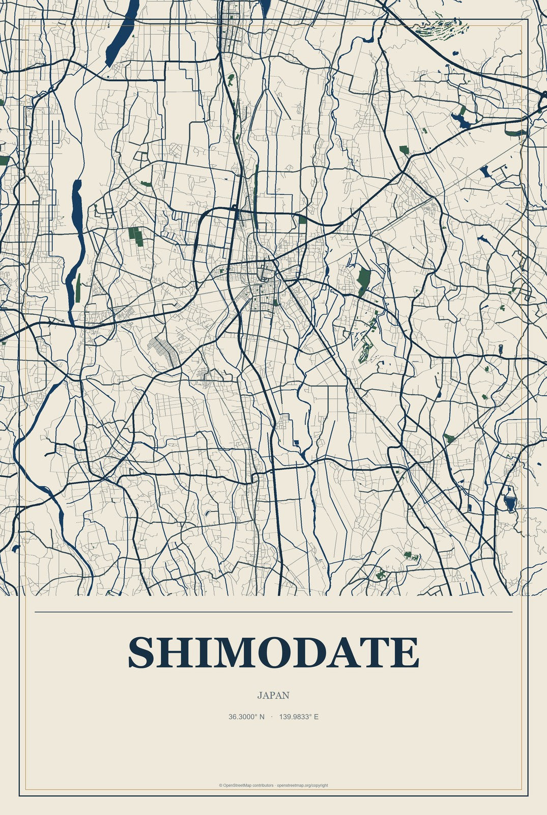 Shimodate, Japan City Map Aluminum Sign in Coastal Cutout style