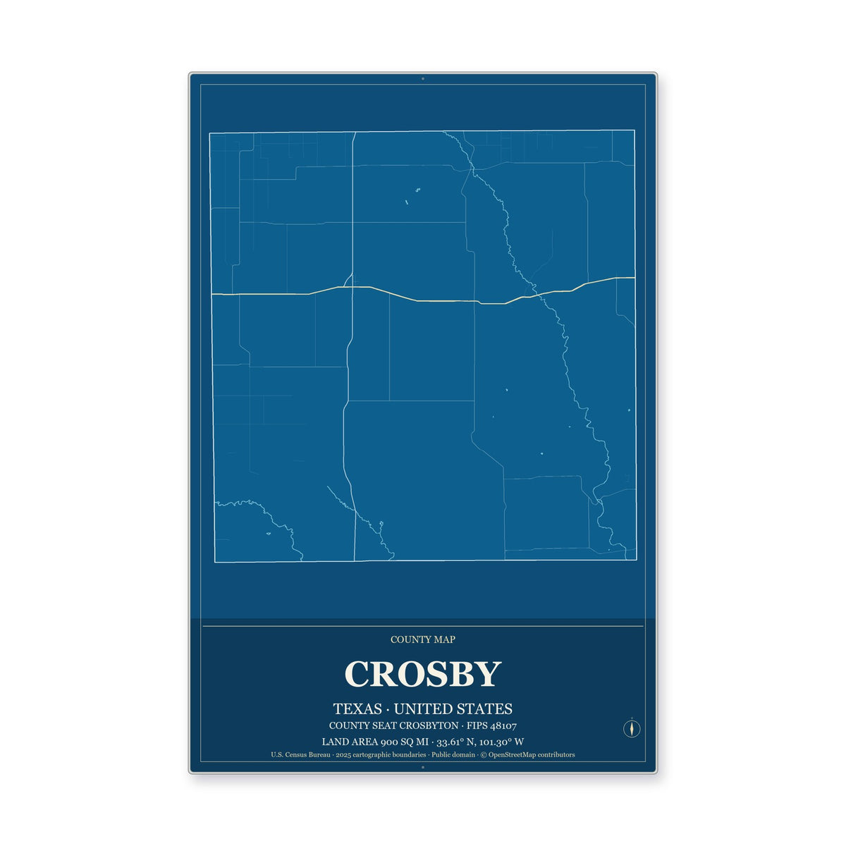 Crosby County, Texas Map Aluminum Sign in Harbor Cobalt style