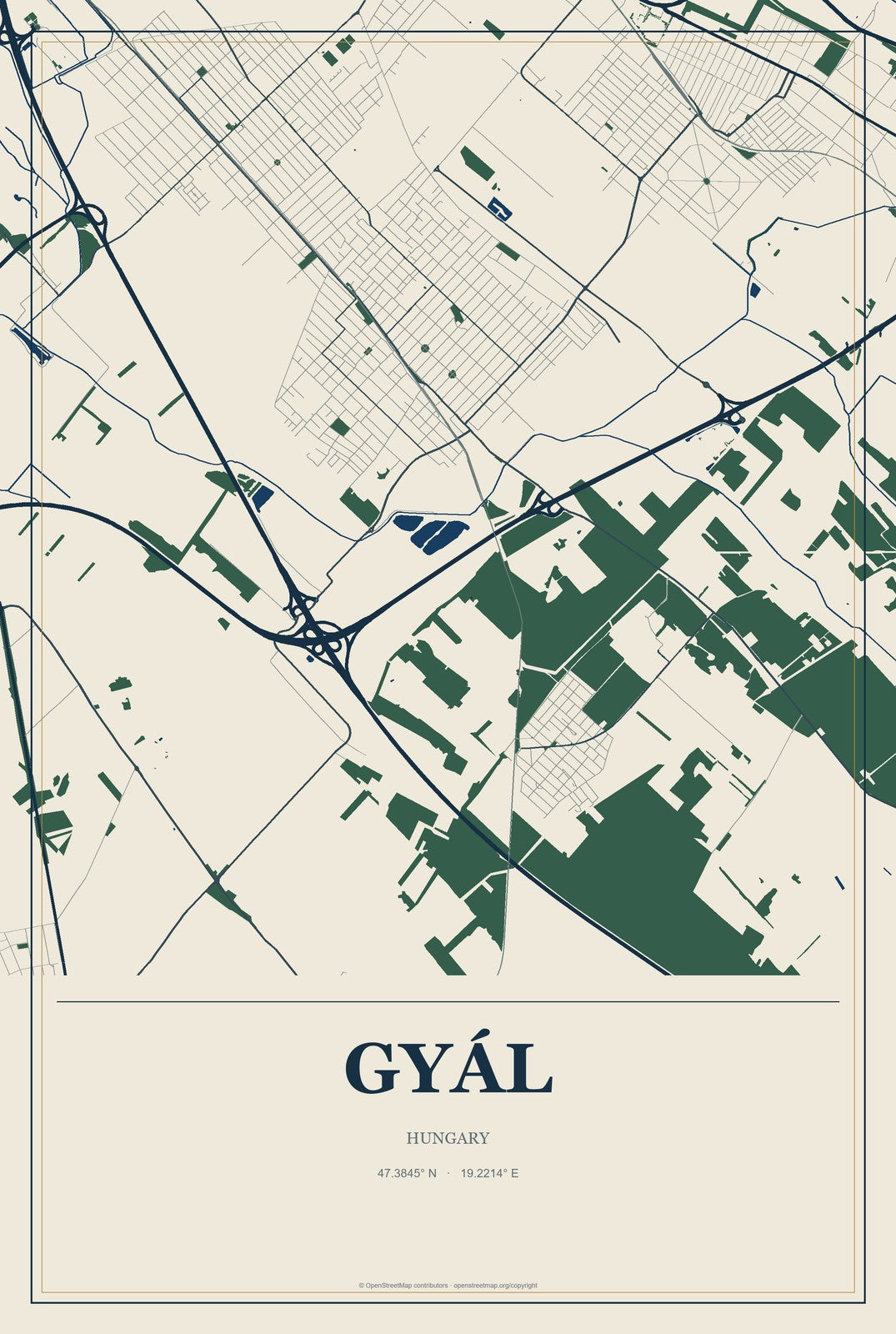 Gyál, Hungary City Map Aluminum Sign in Coastal Cutout style