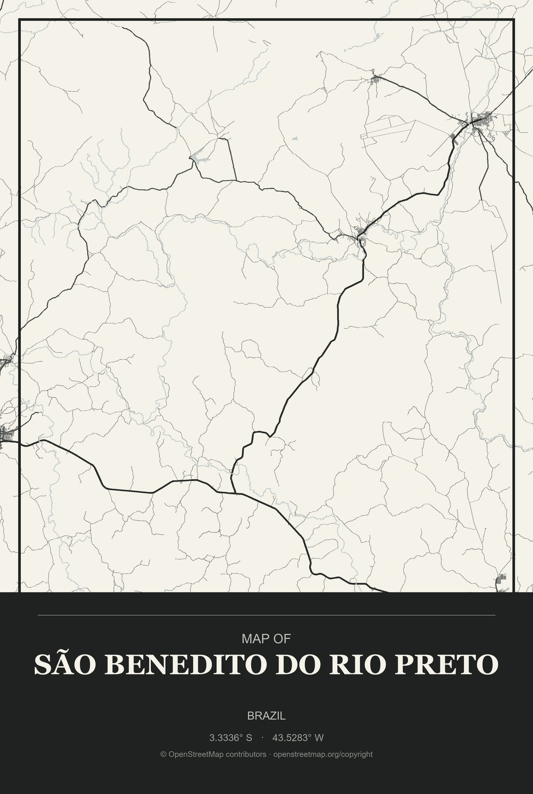 São Benedito do Rio Preto, Brazil City Map Aluminum Sign in Museum Plaque style