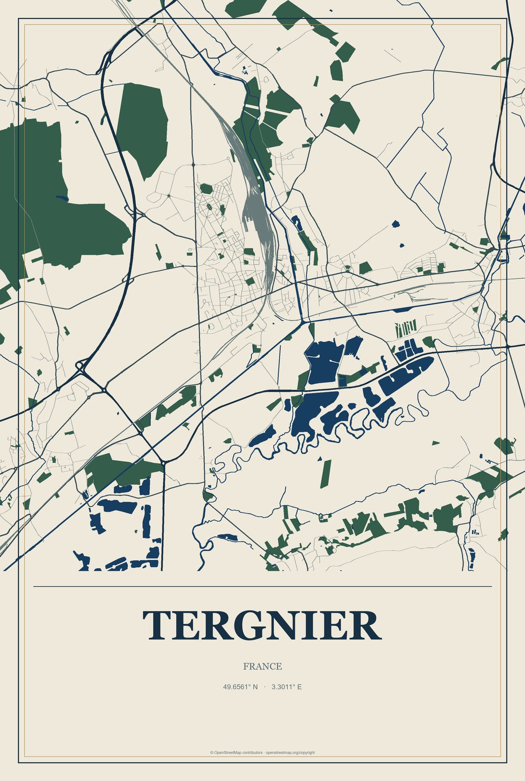 Tergnier, France City Map Aluminum Sign in Coastal Cutout style