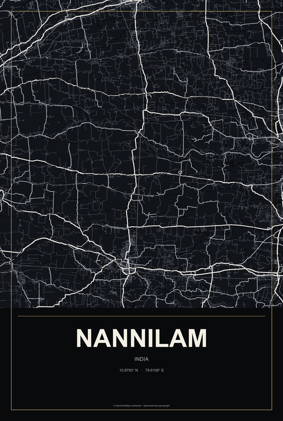 Nannilam, India City Map Aluminum Sign in Metropolitan Noir style