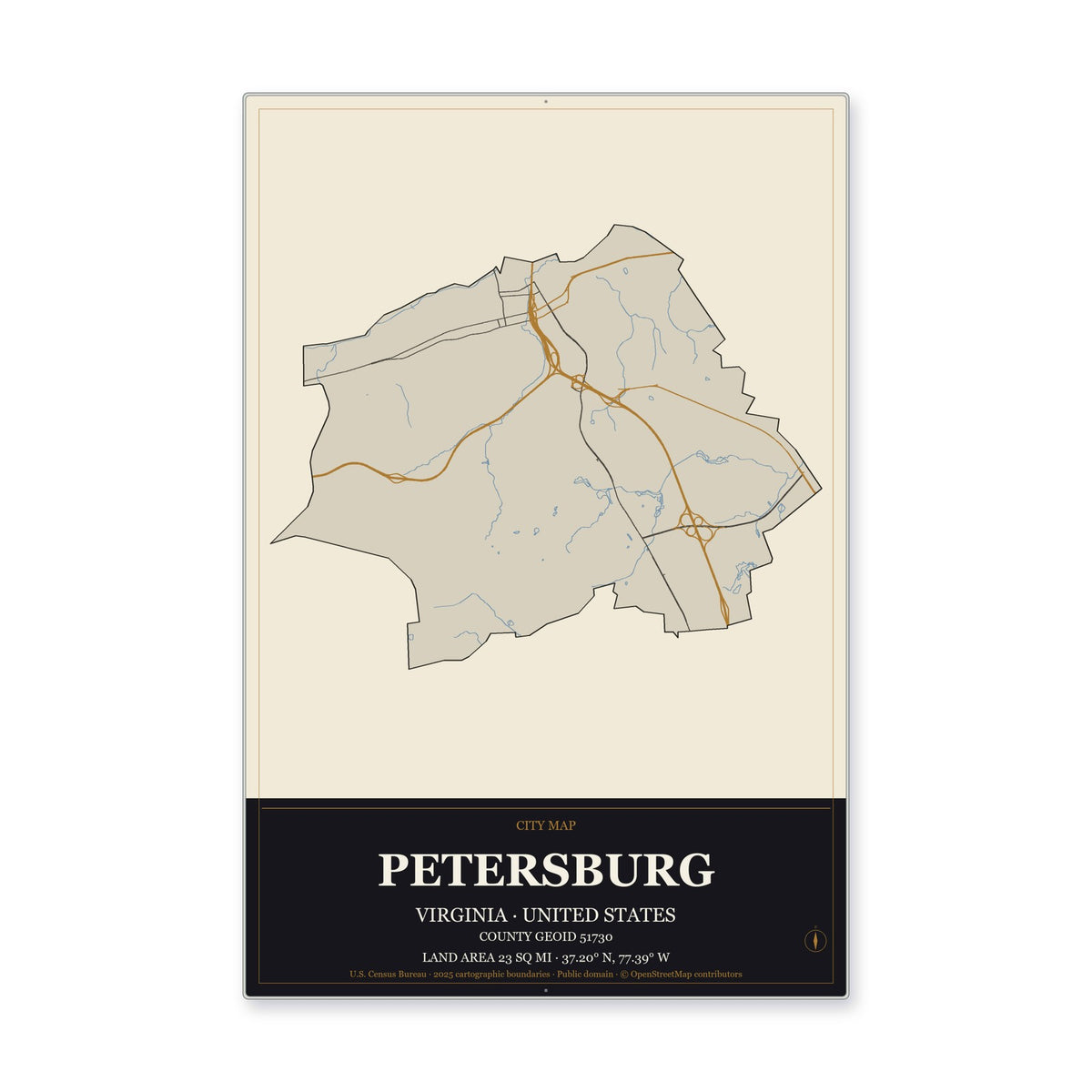 Petersburg city, Virginia Map Aluminum Sign in Museum Plaque style