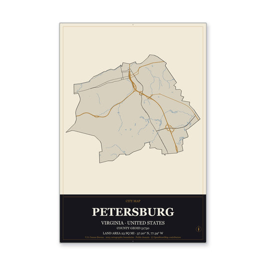 Petersburg city, Virginia Map Aluminum Sign in Museum Plaque style