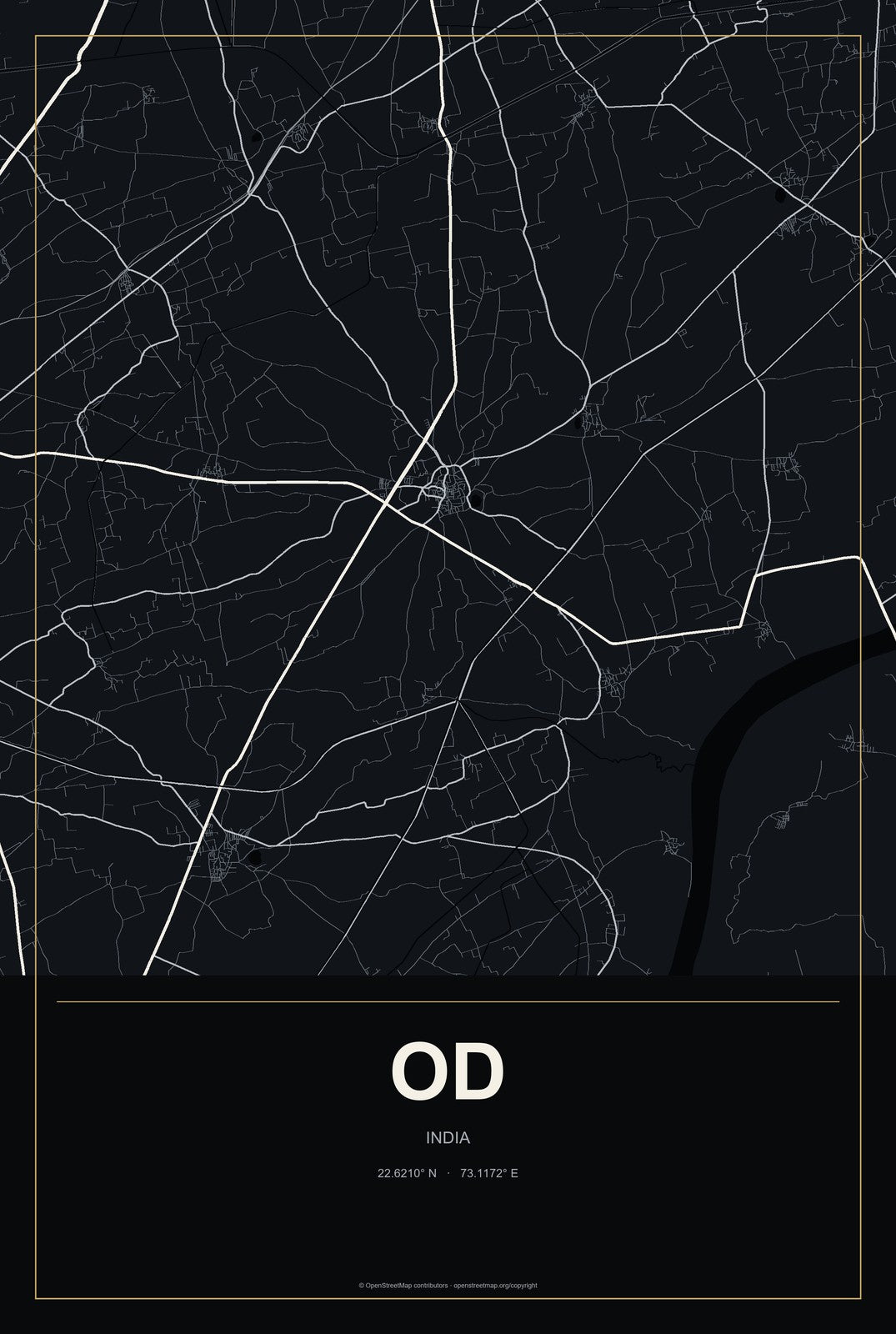Od, India City Map Aluminum Sign in Metropolitan Noir style