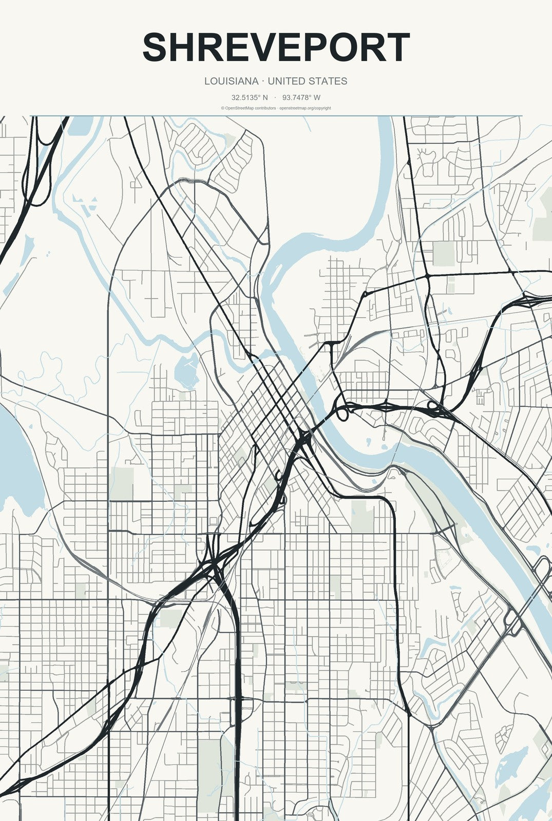 Shreveport, Louisiana City Map Aluminum Sign in Headline Atlas style