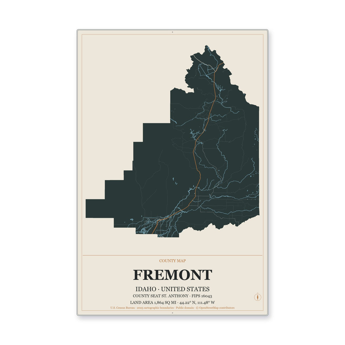 Fremont County, Idaho Map Aluminum Sign in Headline Atlas style