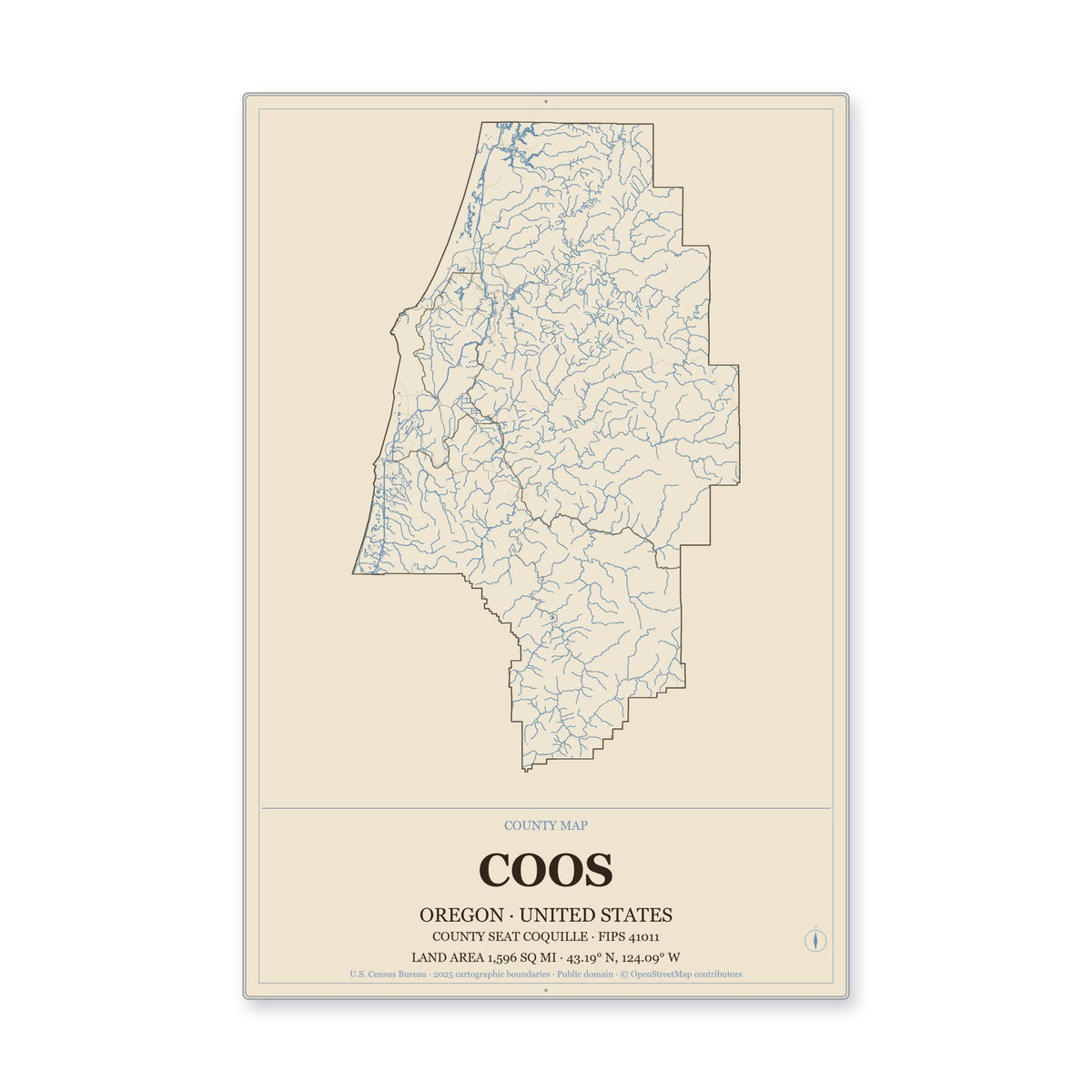 Coos County, Oregon Map Aluminum Sign in Heritage Nautical style
