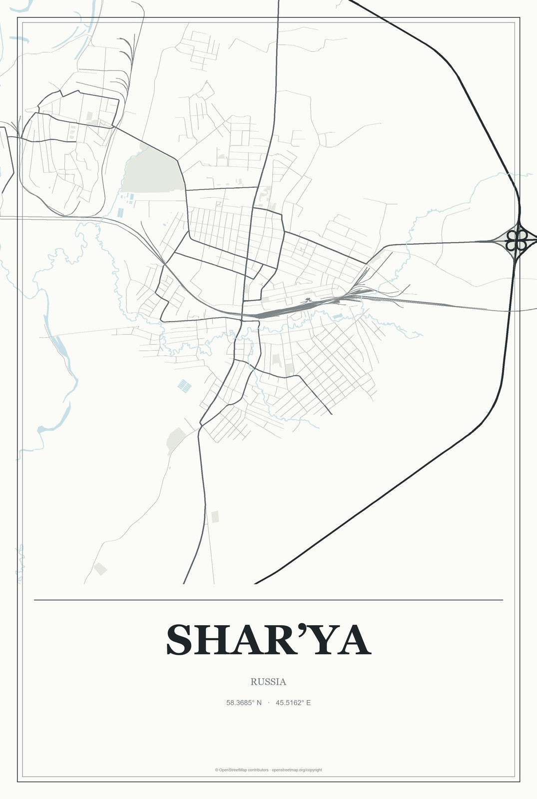 Shar’ya, Russia City Map Aluminum Sign in Gallery Air style