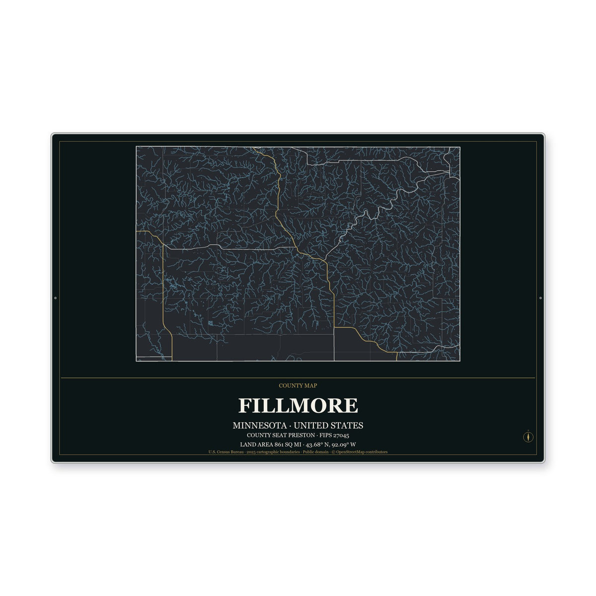 Fillmore County, Minnesota Map Aluminum Sign in Metropolitan Noir style