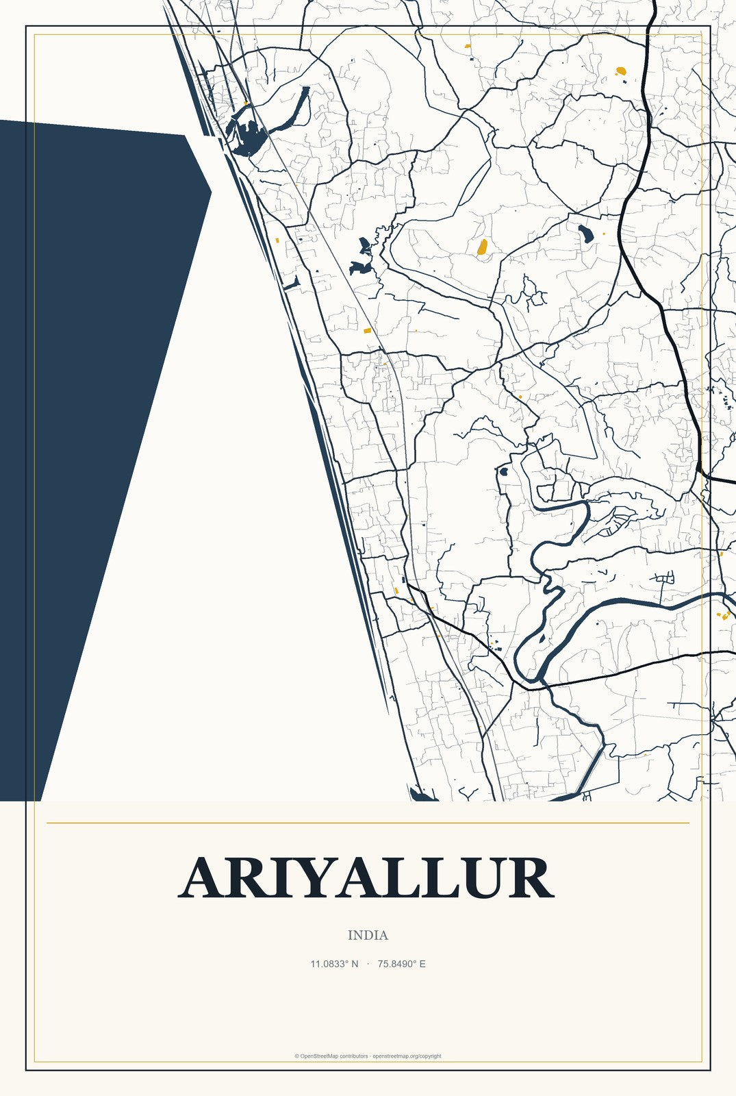Ariyallur, India City Map Aluminum Sign in Citrine Modern style