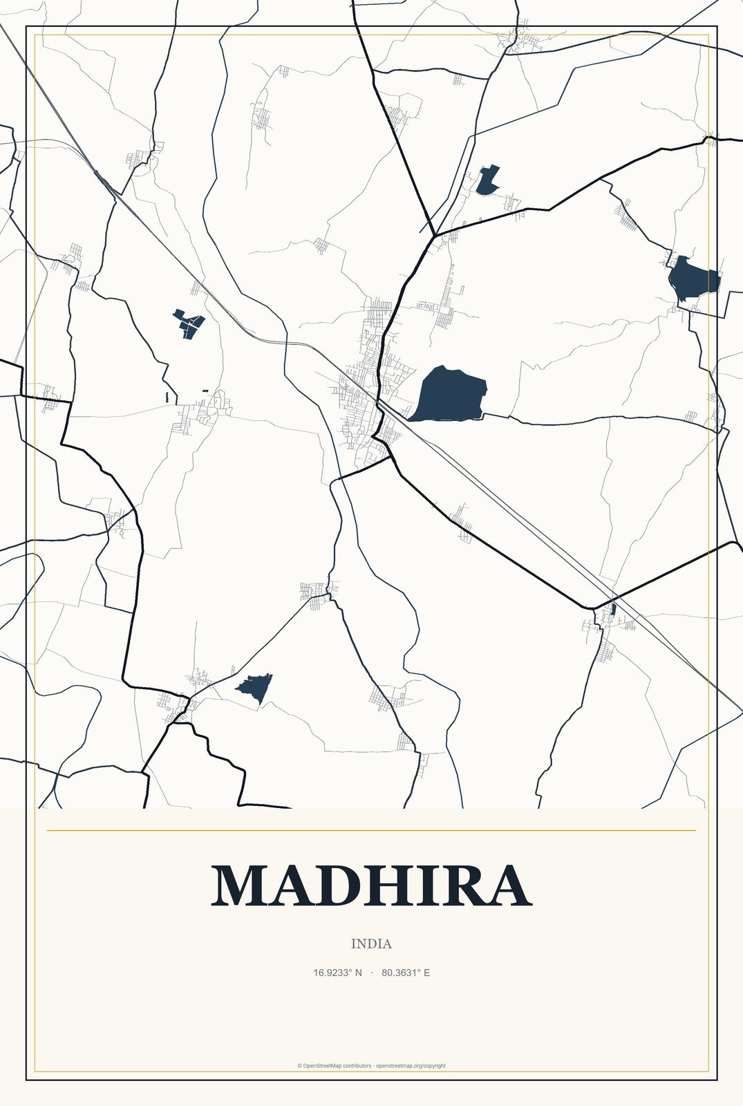 Madhira, India City Map Aluminum Sign in Citrine Modern style