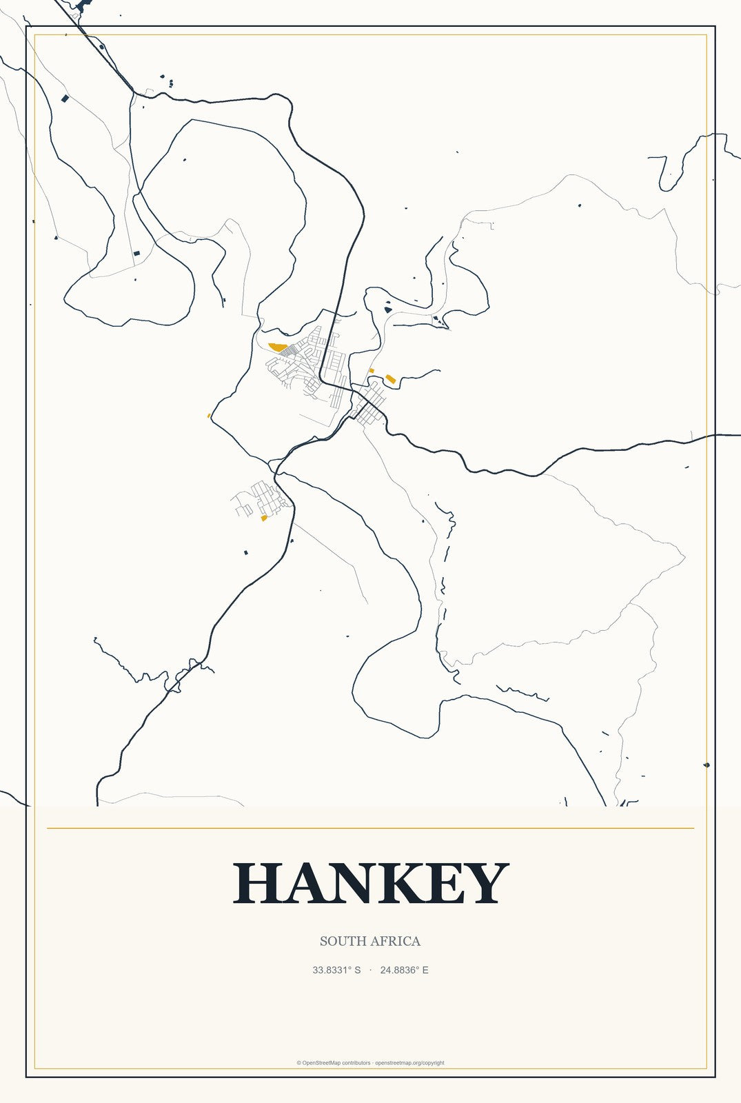 Hankey, South Africa City Map Aluminum Sign in Citrine Modern style