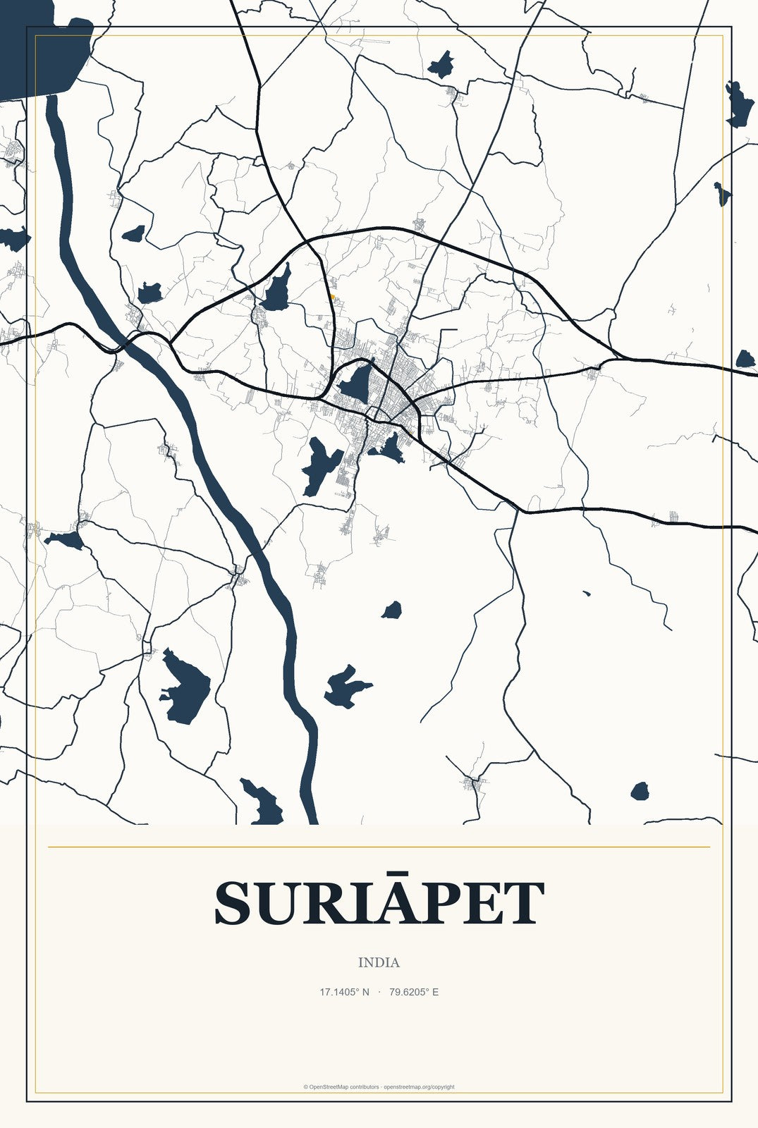 Suriāpet, India City Map Aluminum Sign in Citrine Modern style