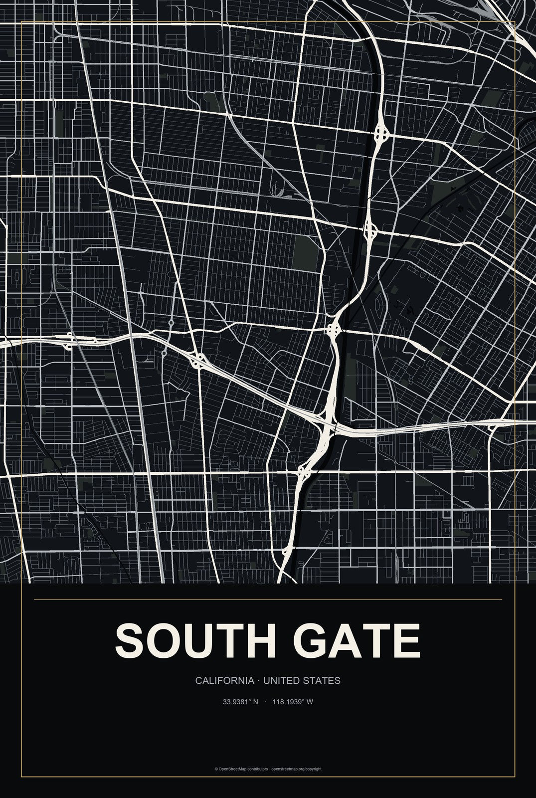 South Gate, California City Map Aluminum Sign in Metropolitan Noir style