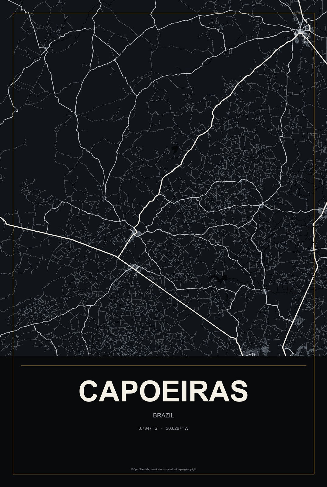 Capoeiras, Brazil City Map Aluminum Sign in Metropolitan Noir style
