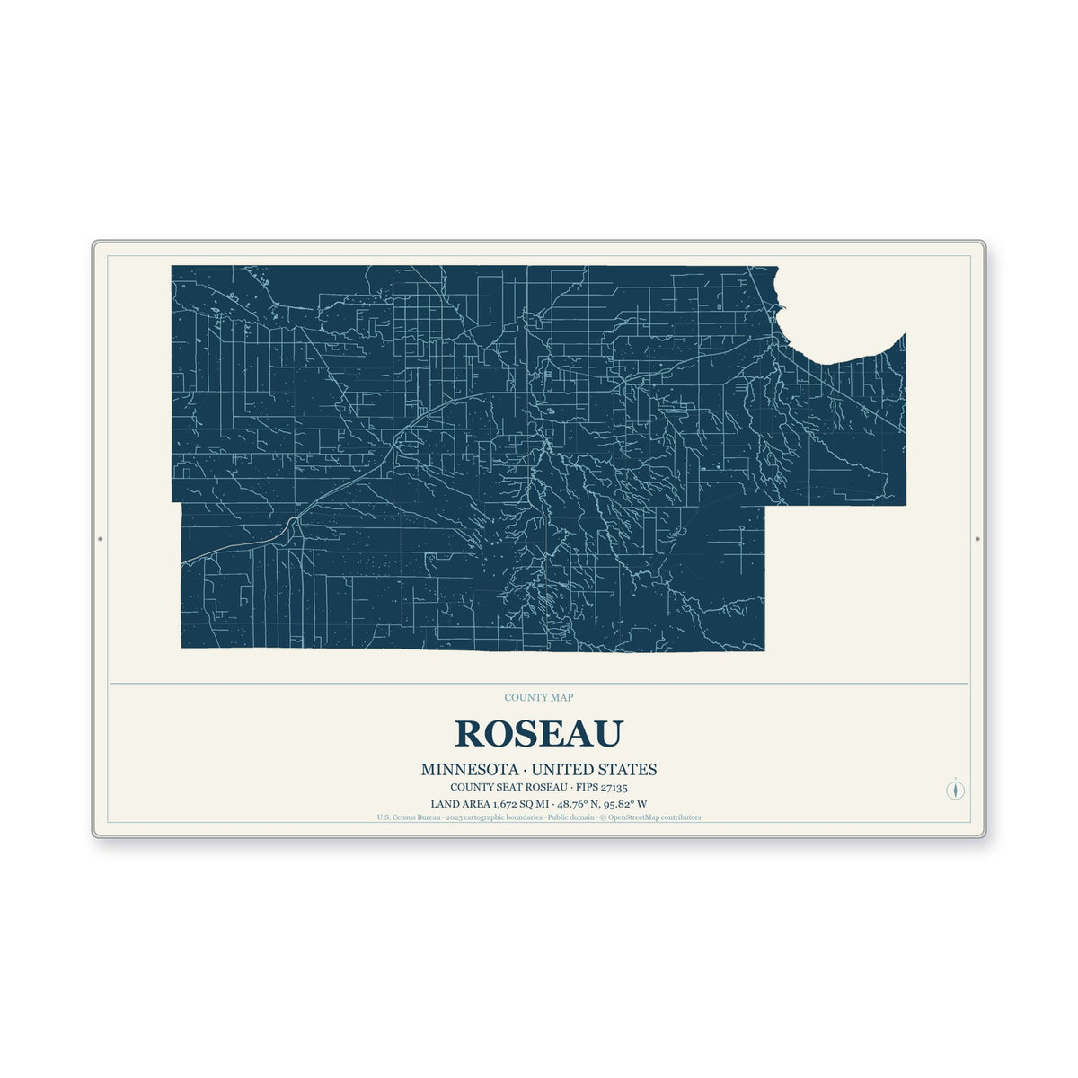 Roseau County, Minnesota Map Aluminum Sign in Coastal Cutout style