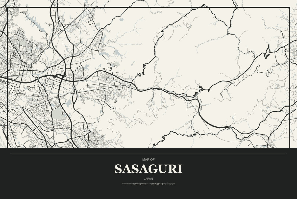 Sasaguri, Japan City Map Aluminum Sign in Museum Plaque style