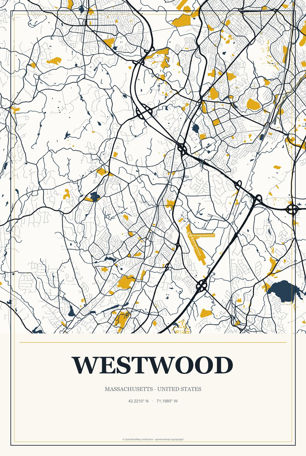 Westwood, Massachusetts City Map Aluminum Sign in Citrine Modern style