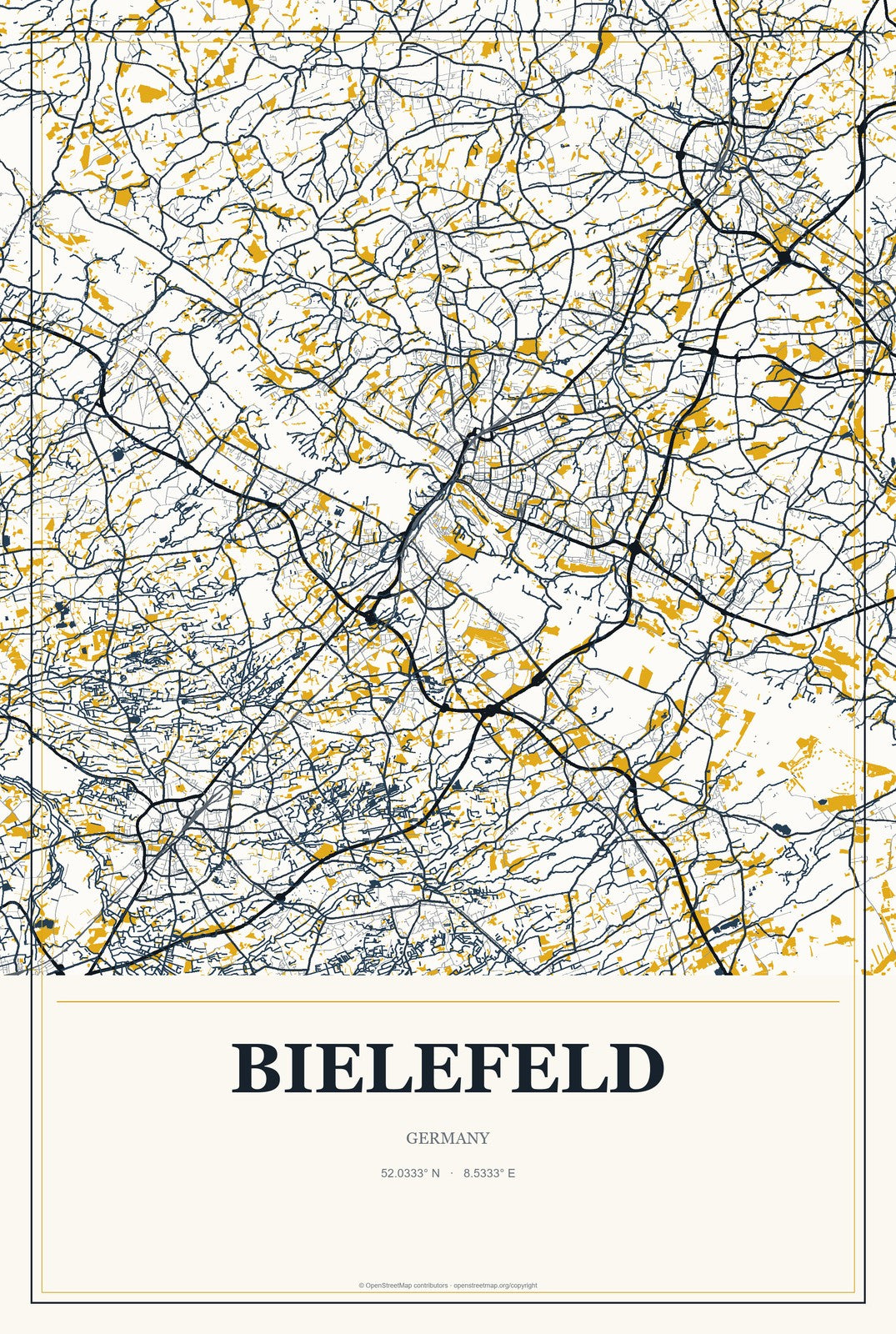 Bielefeld, Germany City Map Aluminum Sign in Citrine Modern style