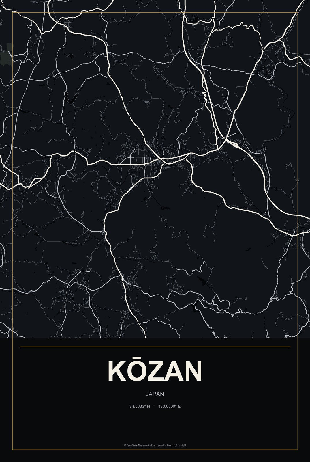 Kōzan, Japan City Map Aluminum Sign in Metropolitan Noir style