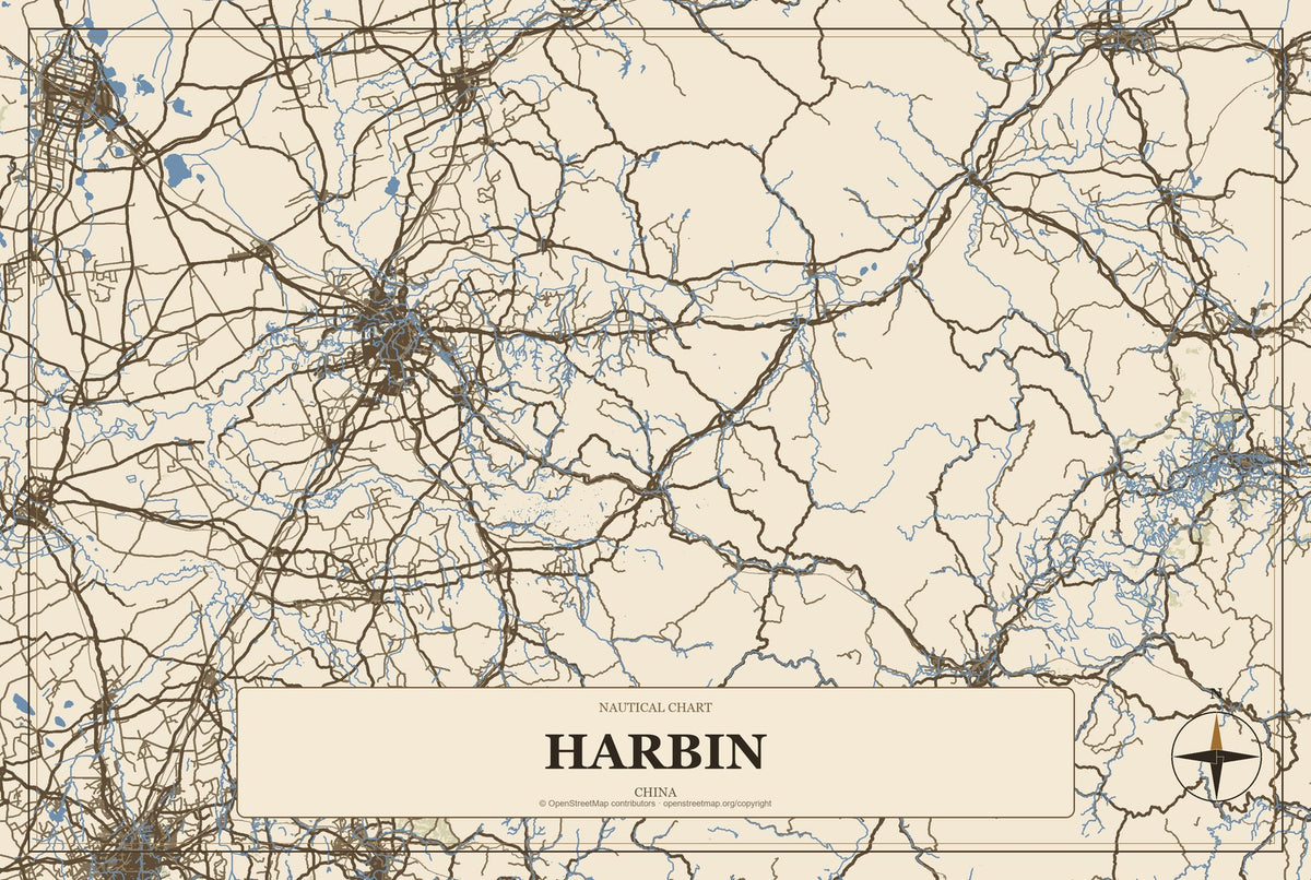Harbin, China City Map Aluminum Sign in Heritage Nautical style