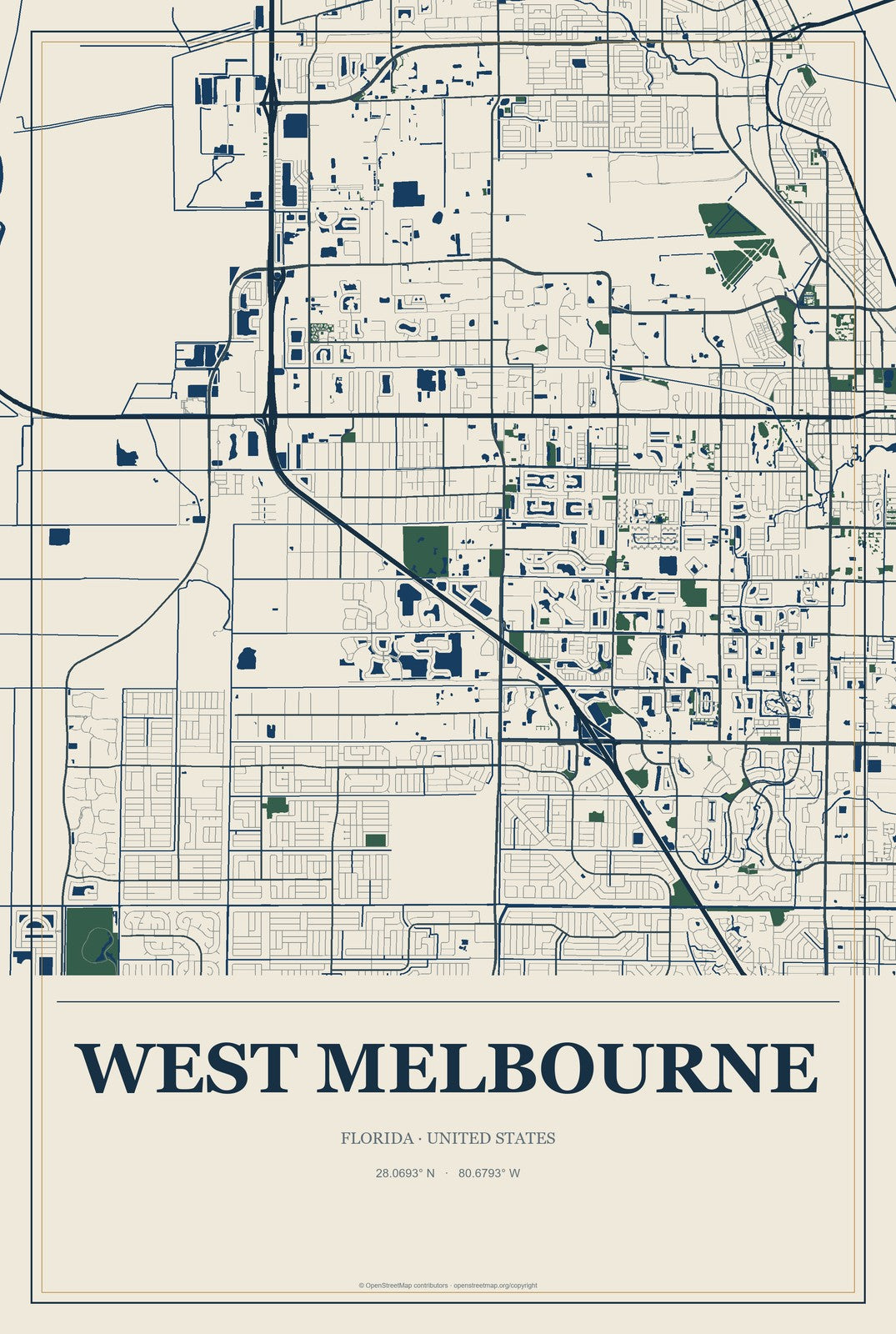 West Melbourne, Florida City Map Aluminum Sign in Coastal Cutout style