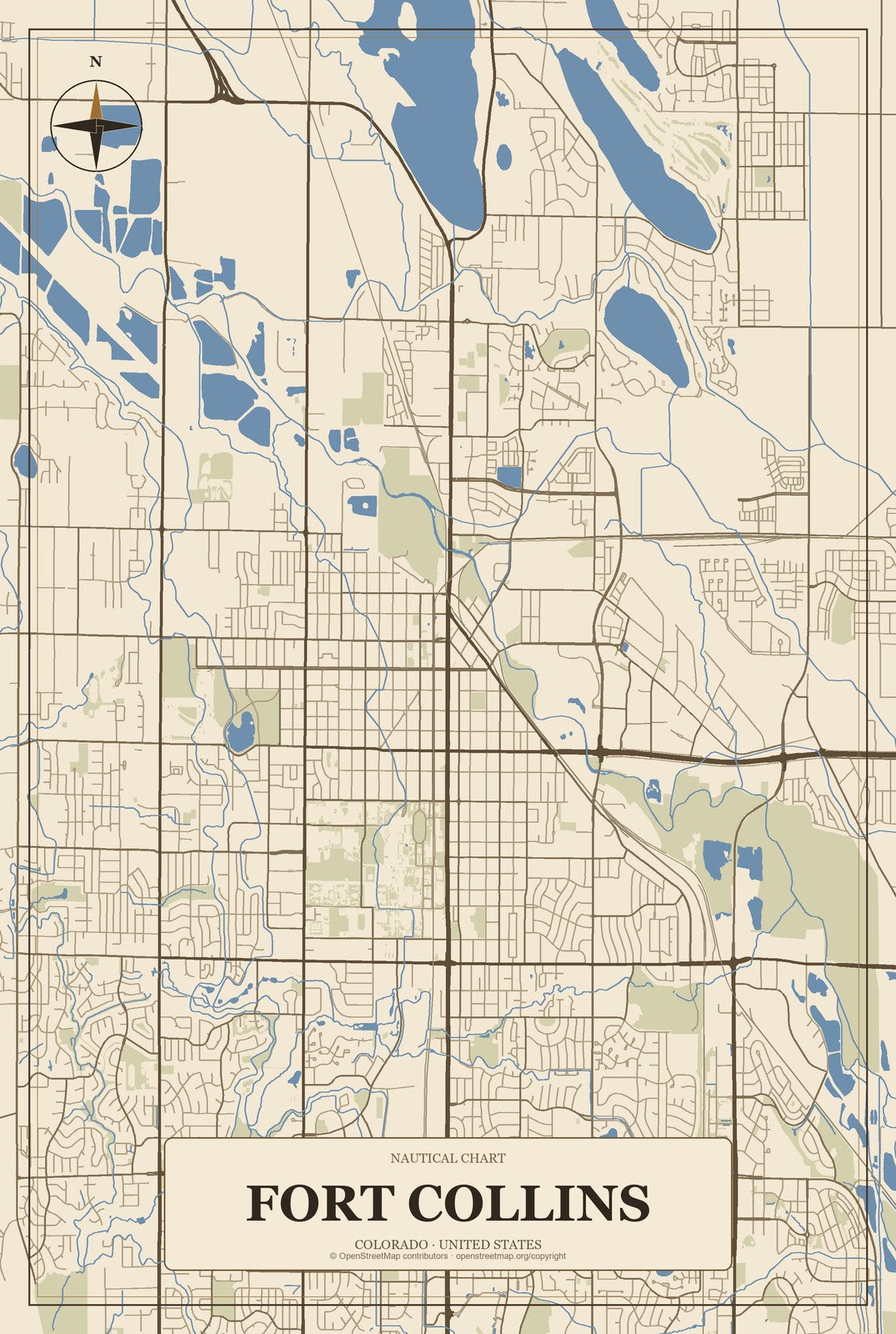 Fort Collins, Colorado City Map Aluminum Sign in Heritage Nautical style