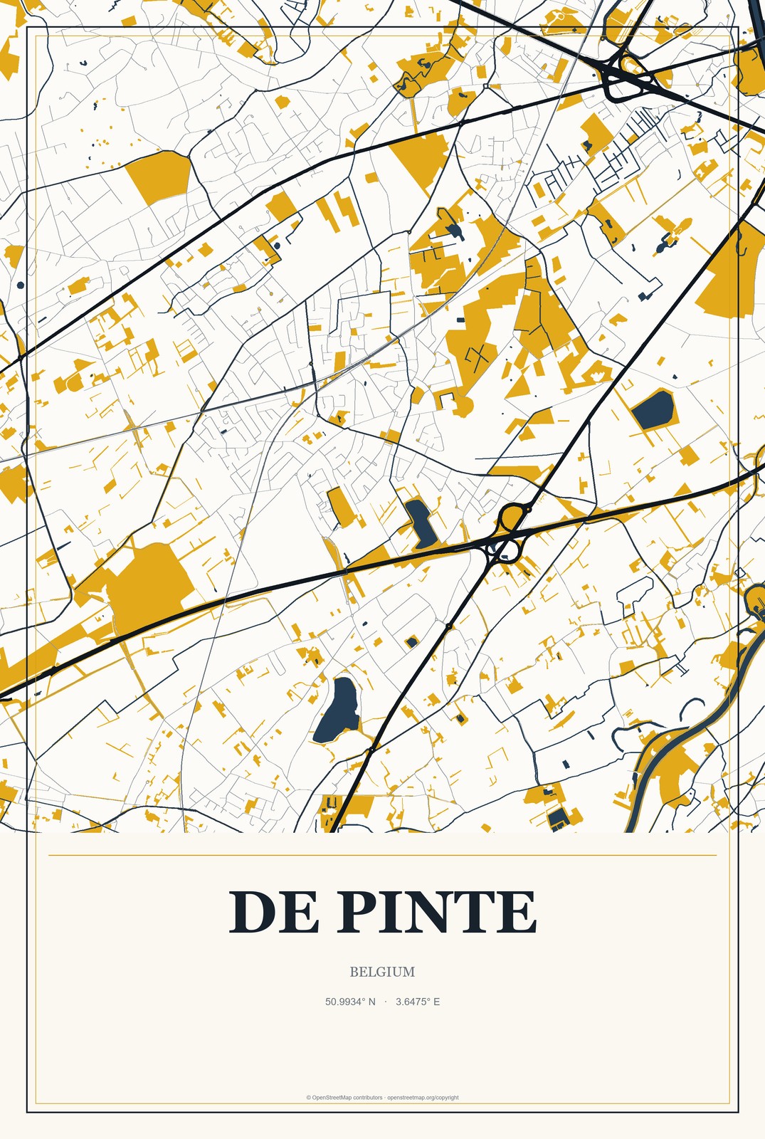 De Pinte, Belgium City Map Aluminum Sign in Citrine Modern style