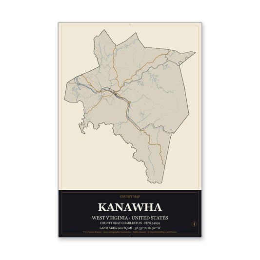 Kanawha County, West Virginia Map Aluminum Sign in Museum Plaque style