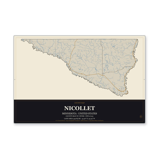 Nicollet County, Minnesota Map Aluminum Sign in Museum Plaque style
