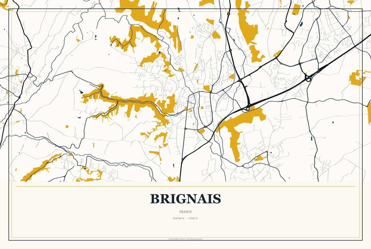 Brignais, France City Map Aluminum Sign in Citrine Modern style