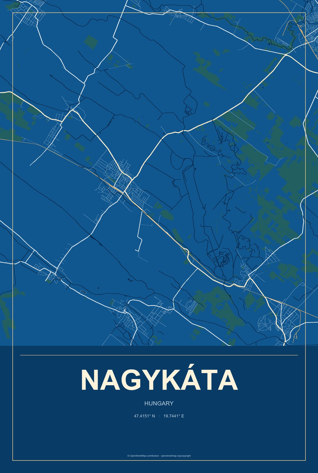 Nagykáta, Hungary City Map Aluminum Sign in Harbor Cobalt style