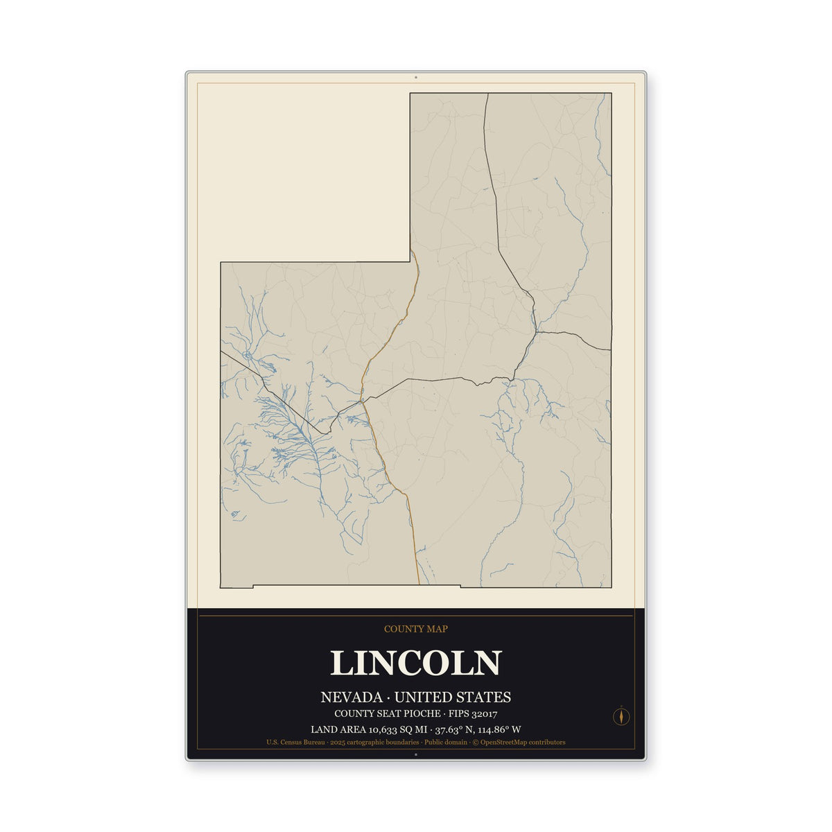 Lincoln County, Nevada Map Aluminum Sign in Museum Plaque style