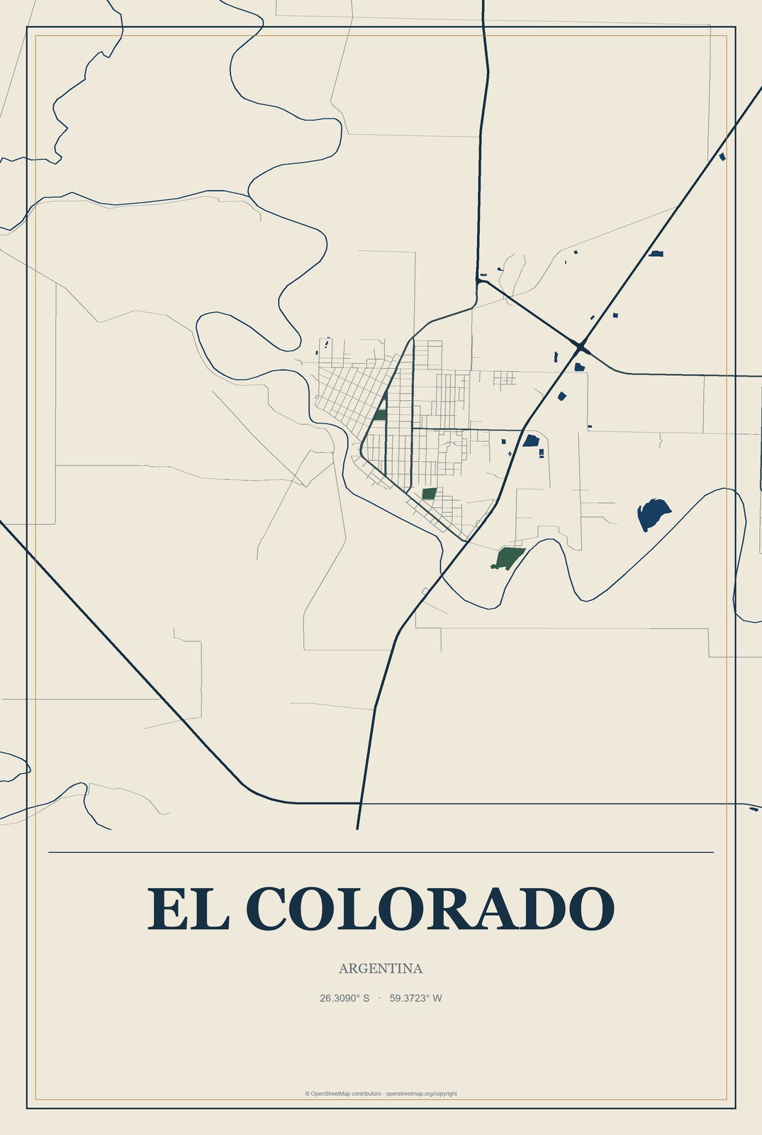 El Colorado, Argentina City Map Aluminum Sign in Coastal Cutout style