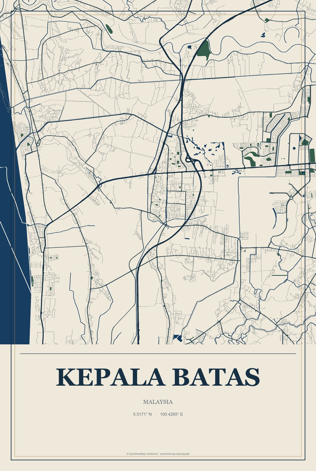 Kepala Batas, Kedah, Malaysia City Map Aluminum Sign in Coastal Cutout style