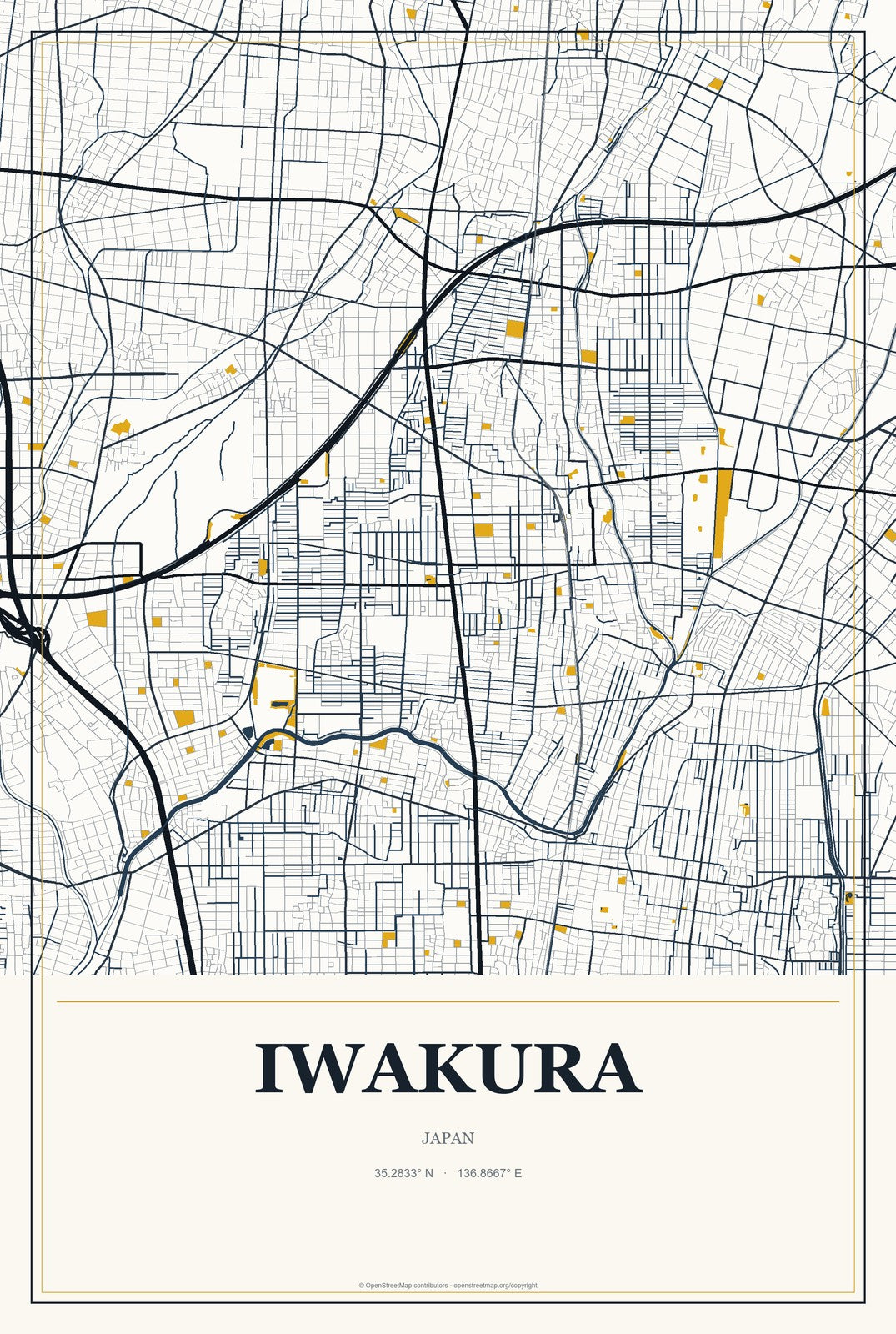 Iwakura, Japan City Map Aluminum Sign in Citrine Modern style
