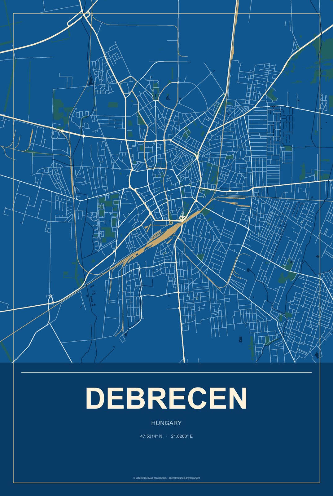Debrecen, Hungary City Map Aluminum Sign in Harbor Cobalt style