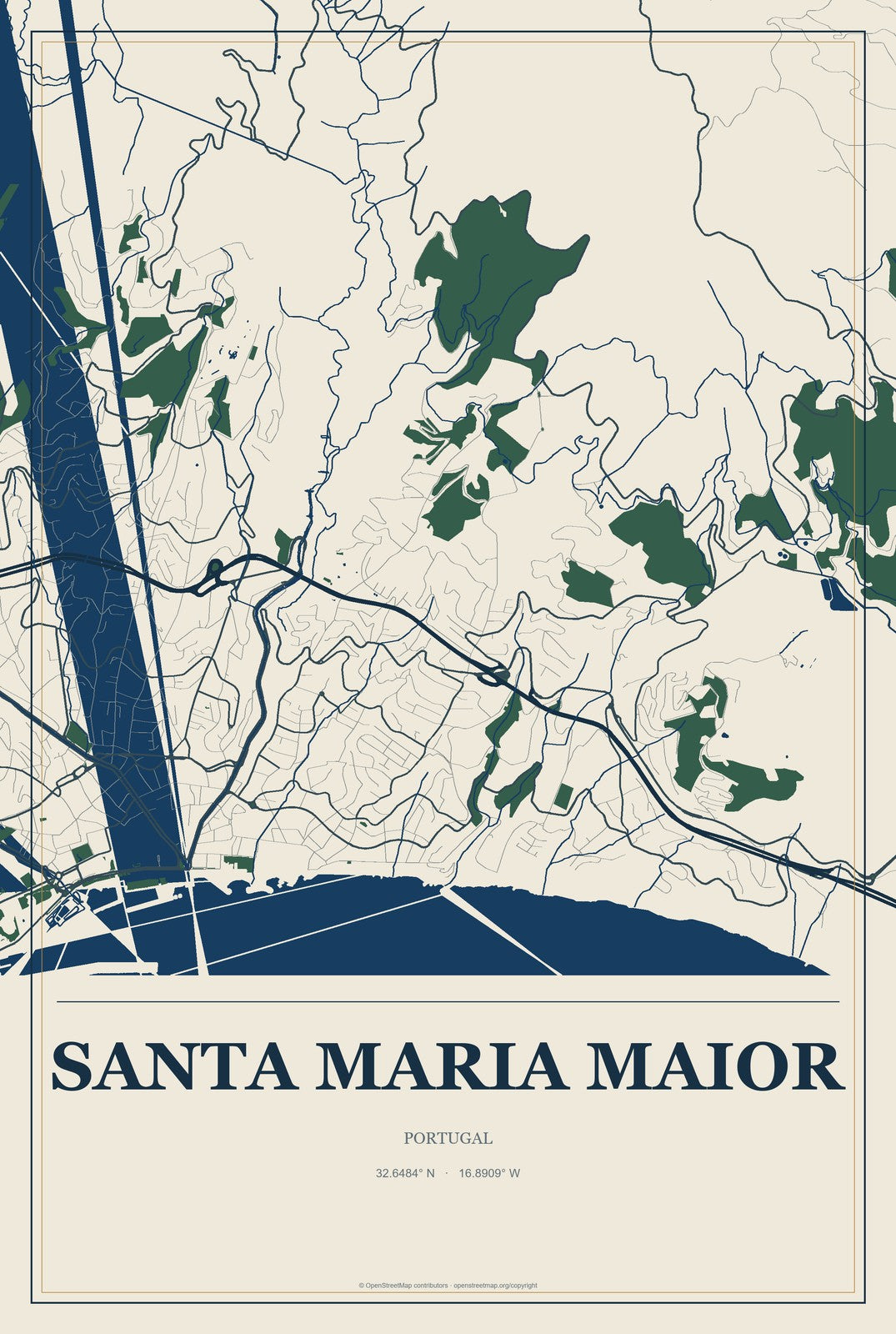 Santa Maria Maior, Portugal City Map Aluminum Sign in Coastal Cutout style