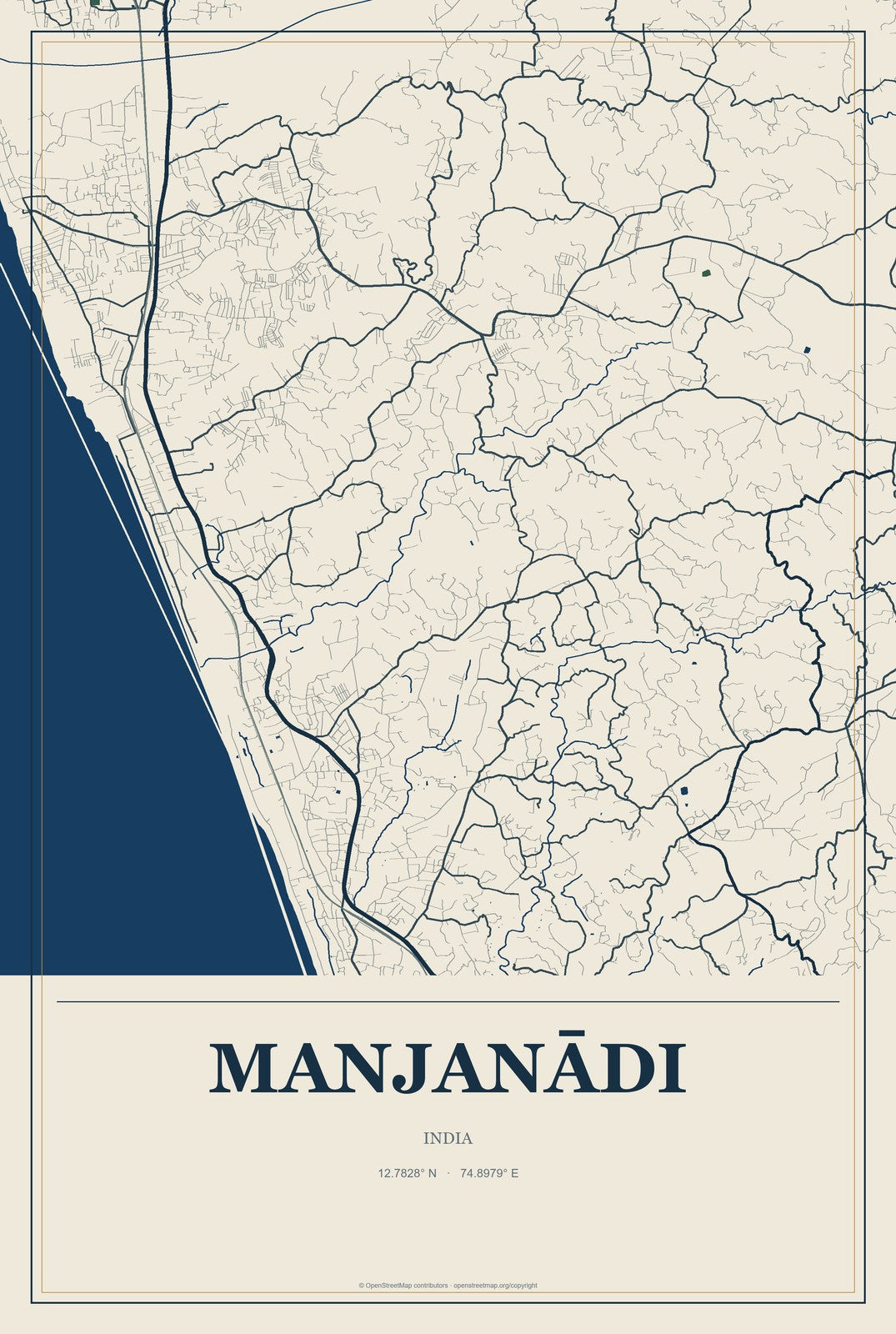 Manjanādi, India City Map Aluminum Sign in Coastal Cutout style