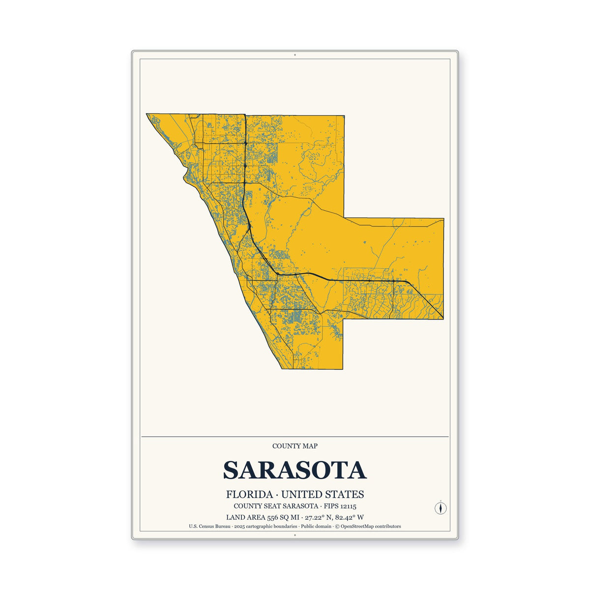 Sarasota County, Florida Map Aluminum Sign in Citrine Modern style