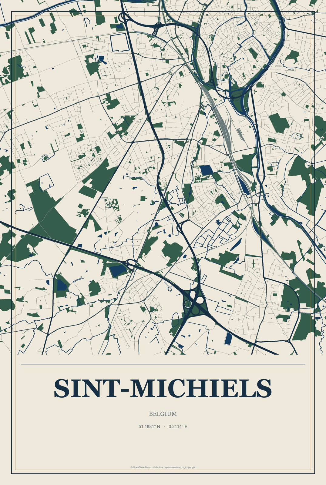 Sint-Michiels, Belgium City Map Aluminum Sign in Coastal Cutout style