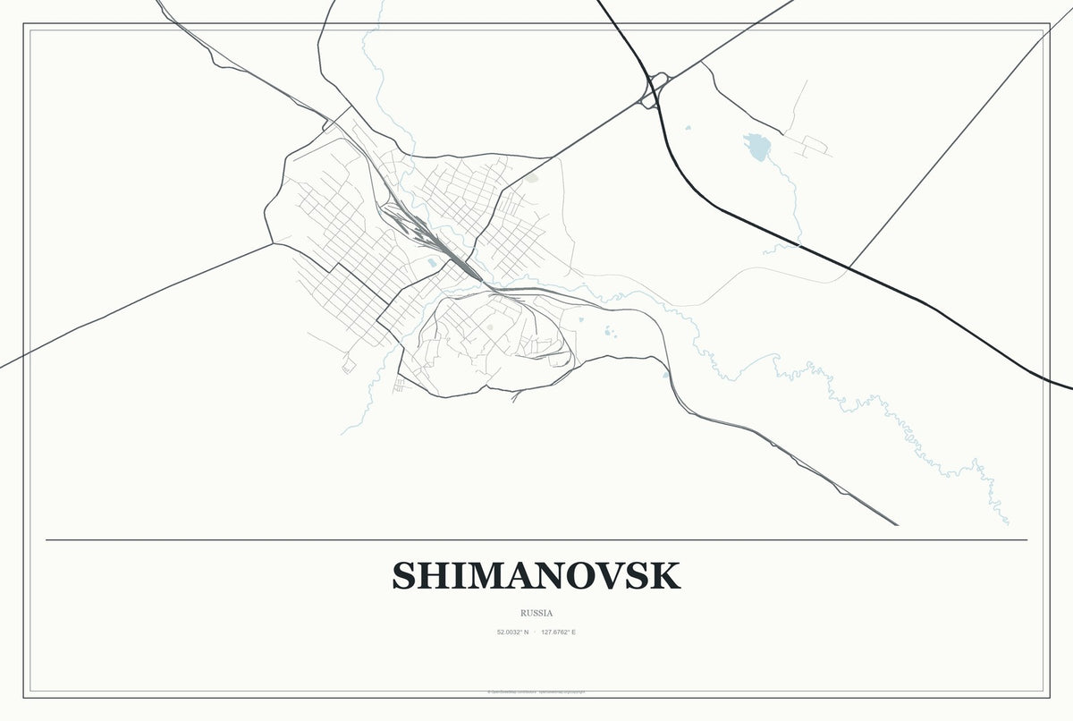Shimanovsk, Russia City Map Aluminum Sign in Gallery Air style