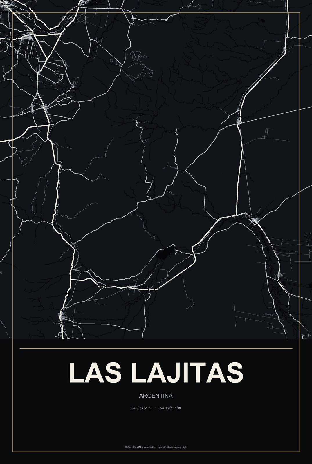 Las Lajitas, Argentina City Map Aluminum Sign in Metropolitan Noir style