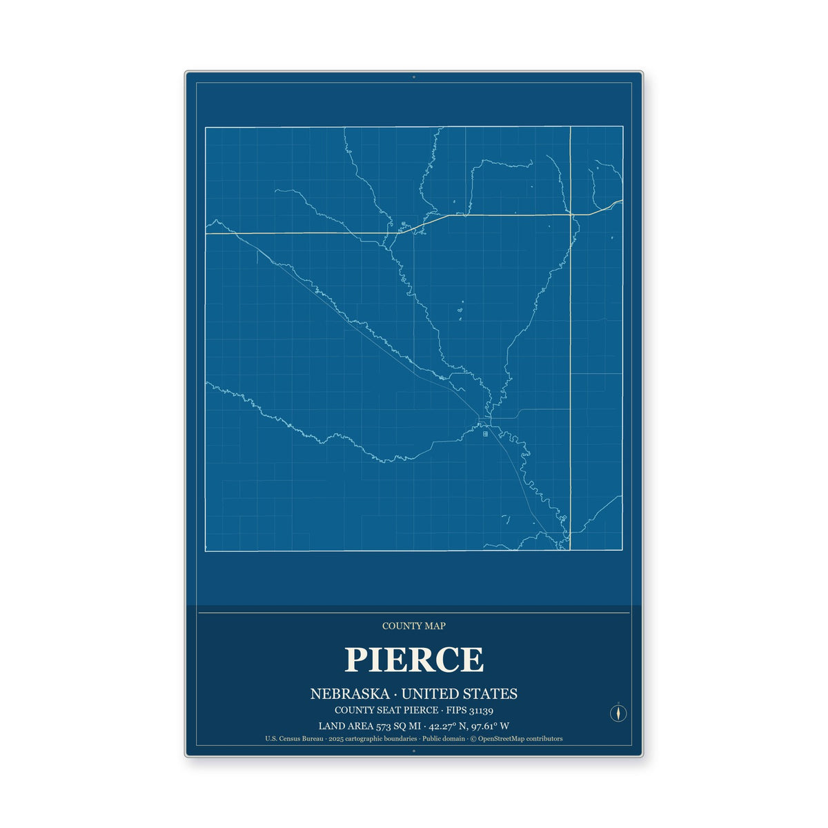 Pierce County, Nebraska Map Aluminum Sign in Harbor Cobalt style