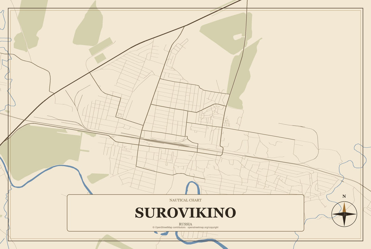 Surovikino, Russia City Map Aluminum Sign in Heritage Nautical style
