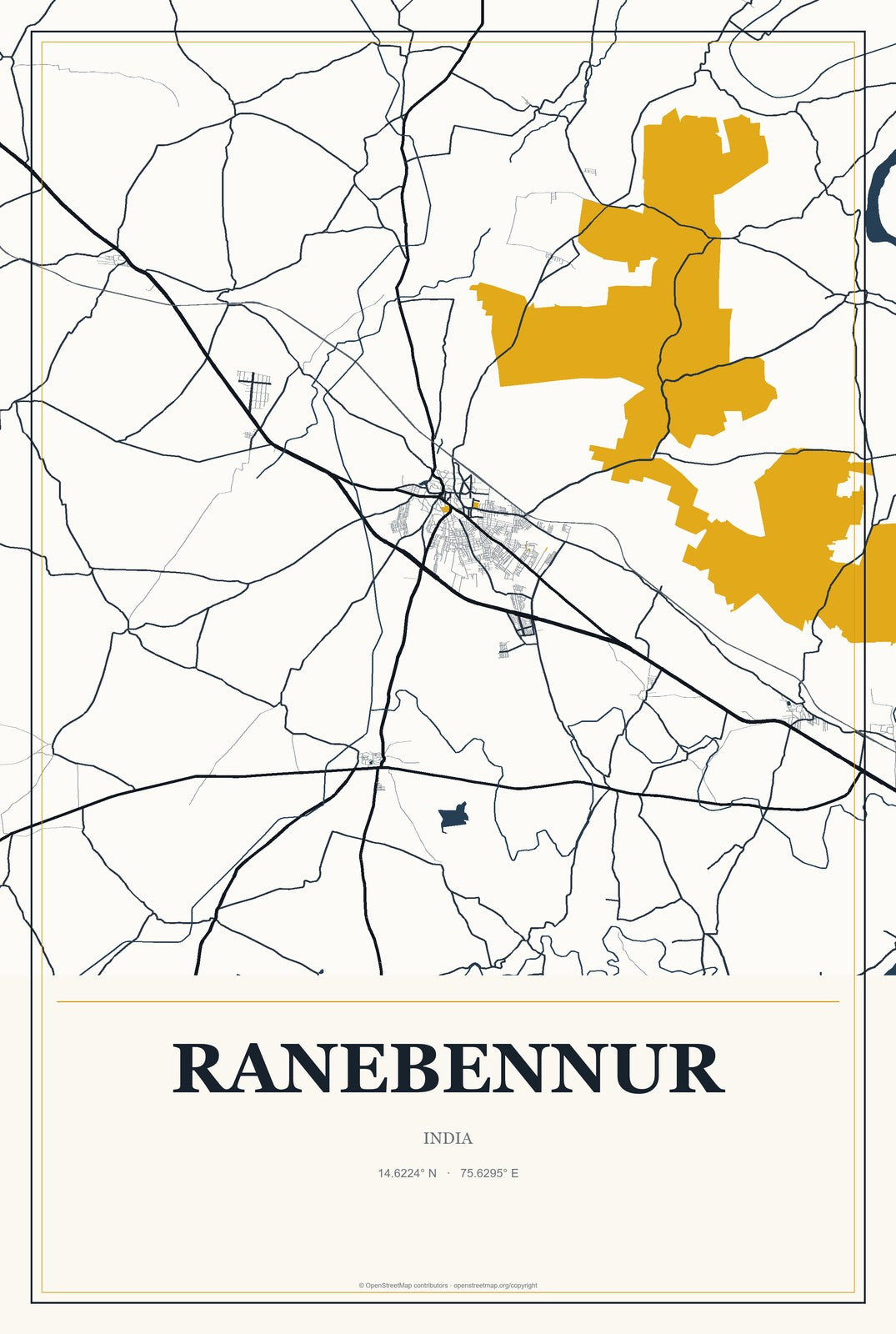 Ranebennur, India City Map Aluminum Sign in Citrine Modern style