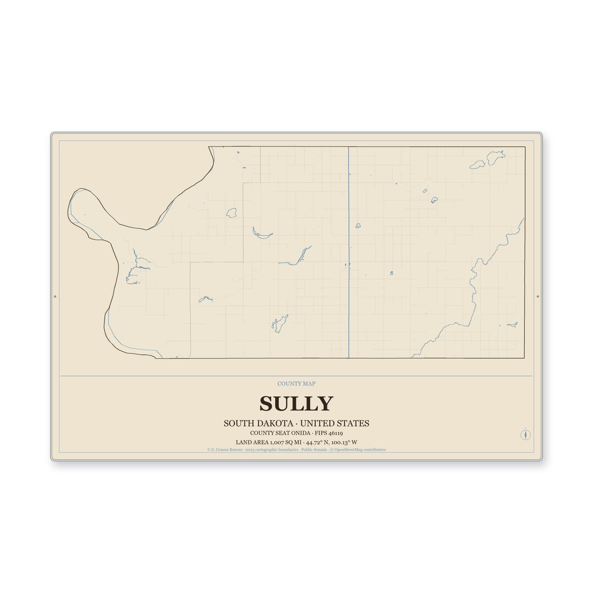 Sully County, South Dakota Map Aluminum Sign in Heritage Nautical style
